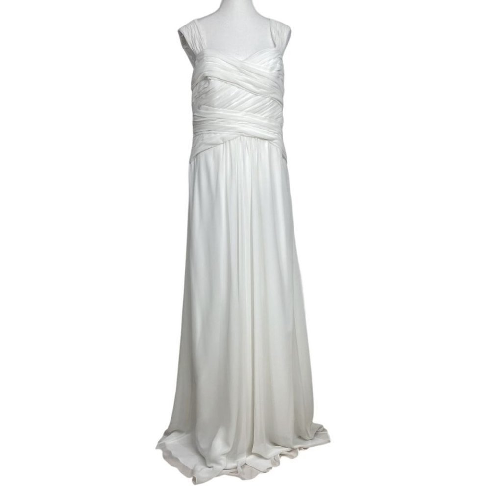 - MONIQUE LHUILLIER WHITE CHIFFON SLEEVELESS BRIDAL WEDDING DRE…